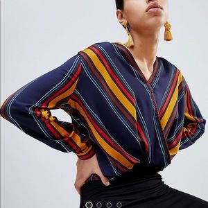 ASOS Boohoo Wrap Front Stripe Blouse US4